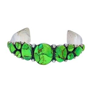 Sterling Silver and Green Turquoise Cabochon Open Cuff Bangle Bracelet MINT